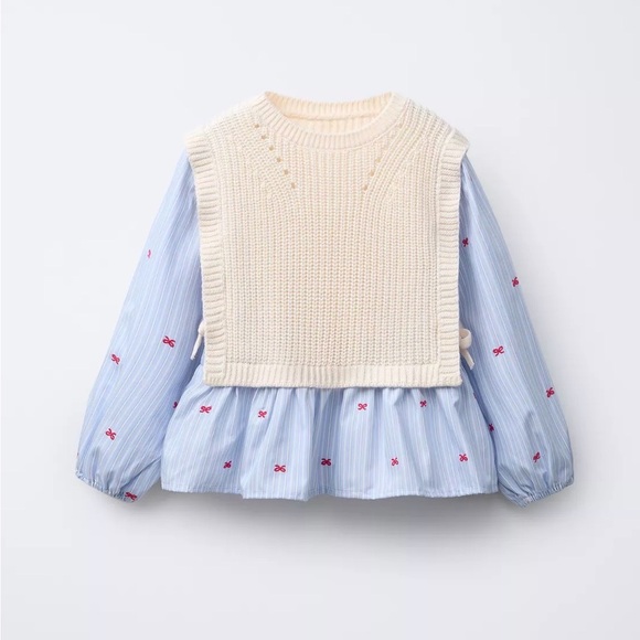 Zara Other - Zara Light Blue and Cream Kids Blouse with Knit Overlay